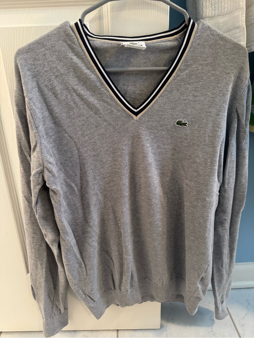Lacoste Light Gray V-Neck Sweater with Navy and White Trim